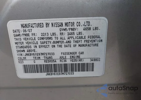 2007 Infiniti G35 Journey from USA, damaged, VIN JNKBV61E97M727033